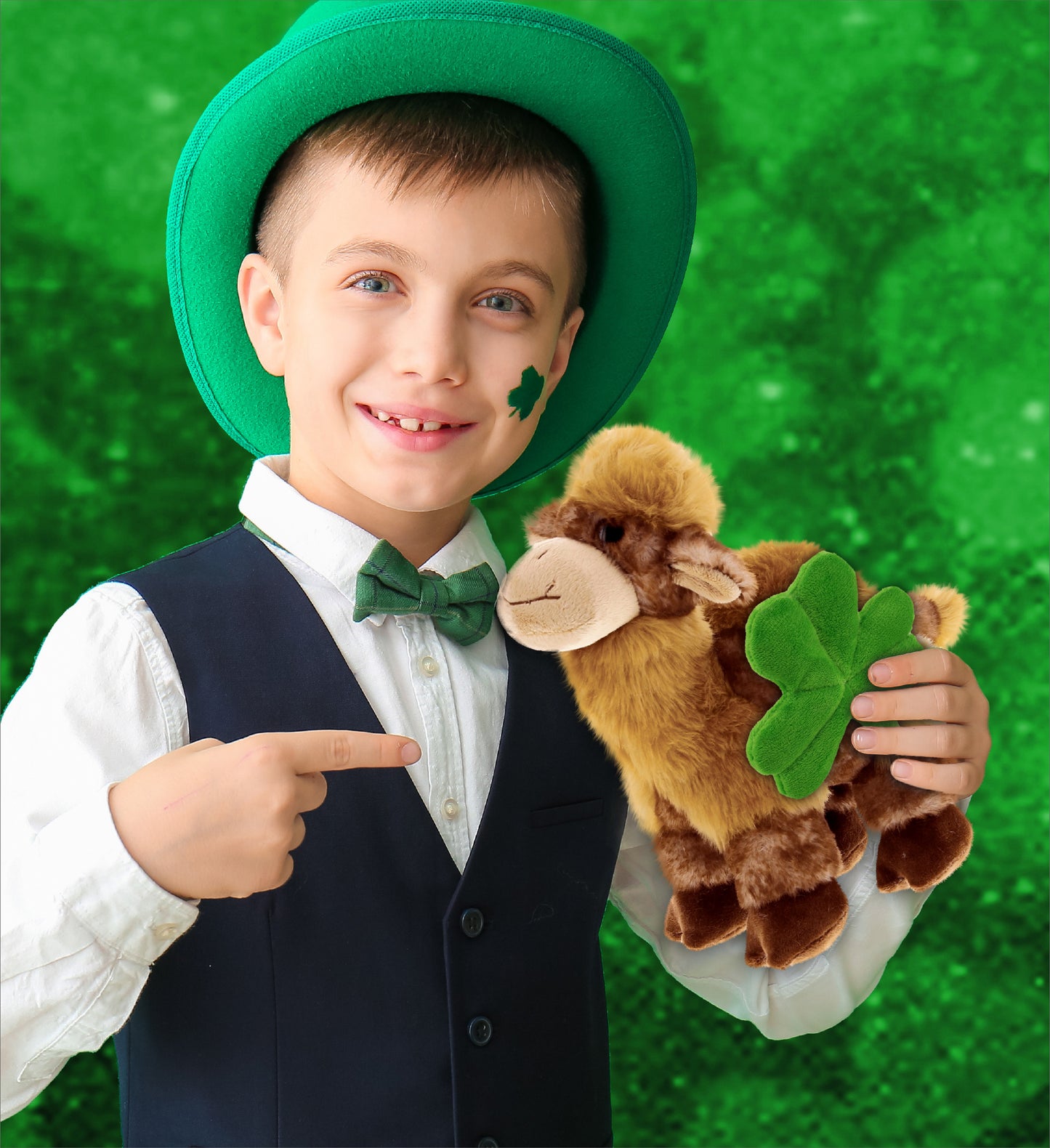 DolliBu Super Soft Camel Stuffed Animal with Green Plush Shamrock - 10 Inches