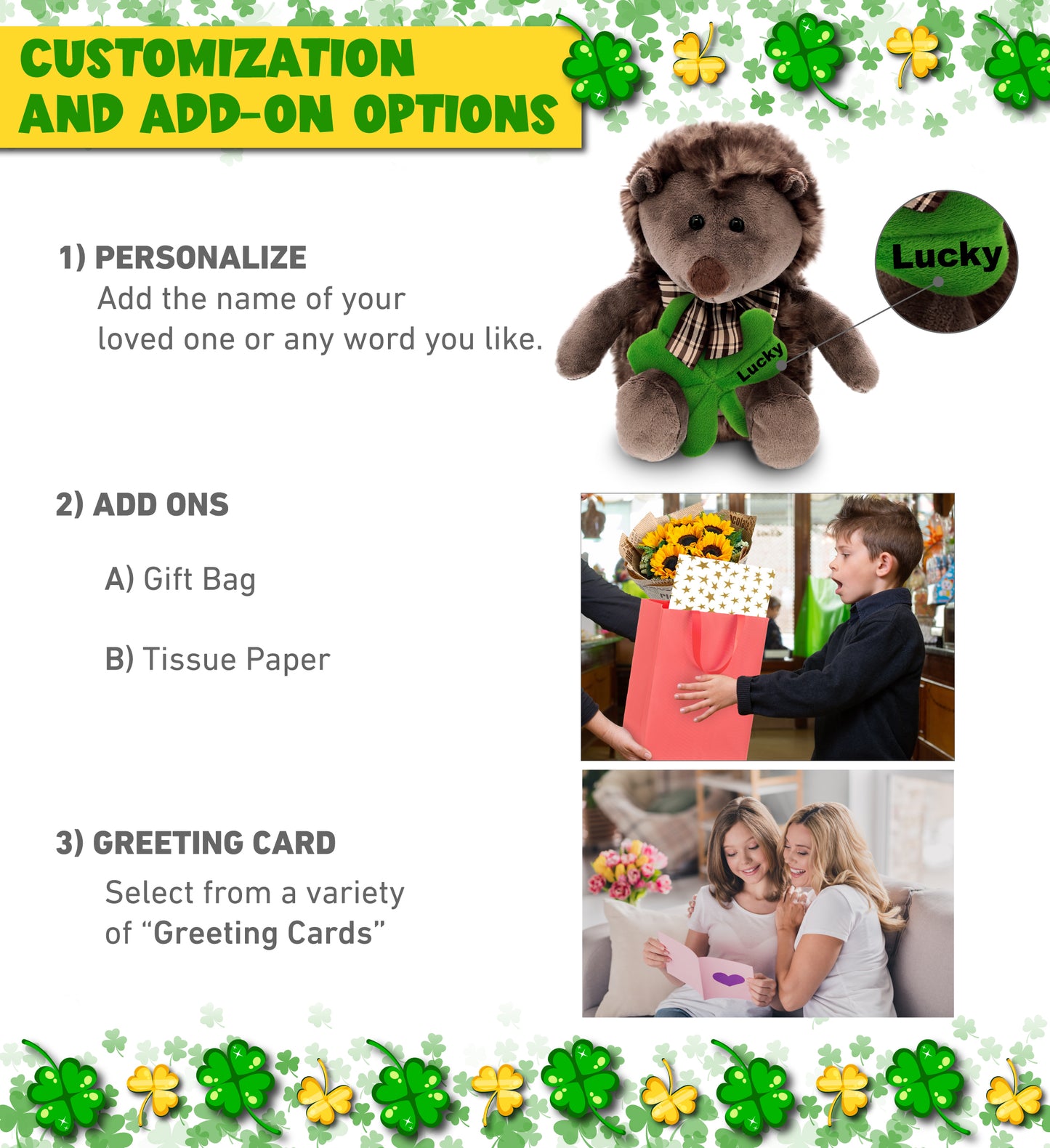 DolliBu Super Soft Hedgehog Stuffed Animal with Green Plush Shamrock - 8 Inches