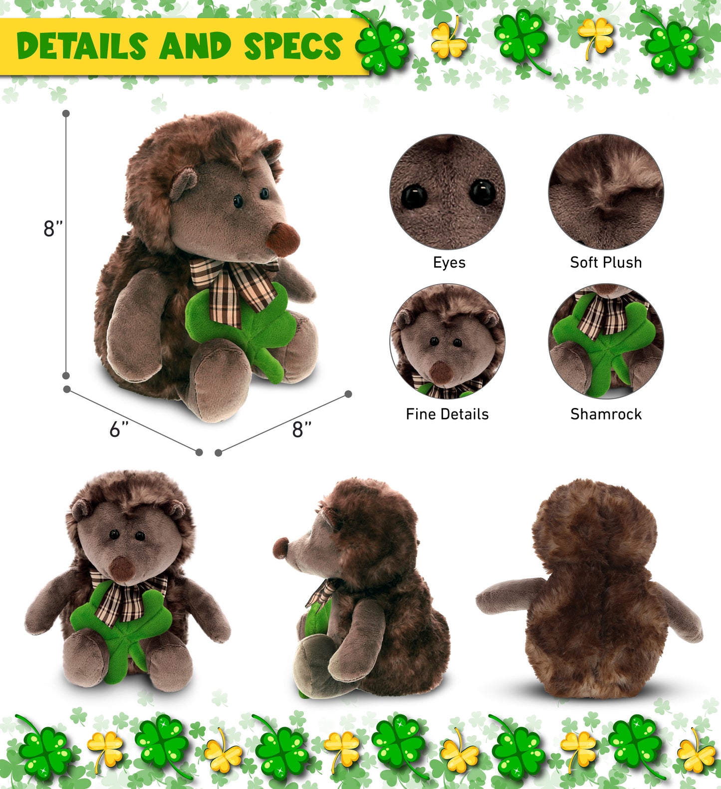 DolliBu Super Soft Hedgehog Stuffed Animal with Green Plush Shamrock - 8 Inches