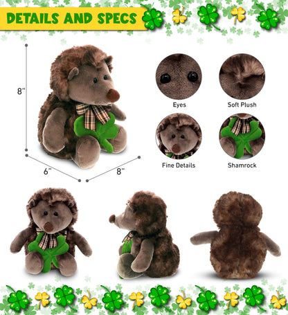 DolliBu Super Soft Hedgehog Stuffed Animal with Green Plush Shamrock - 8 Inches