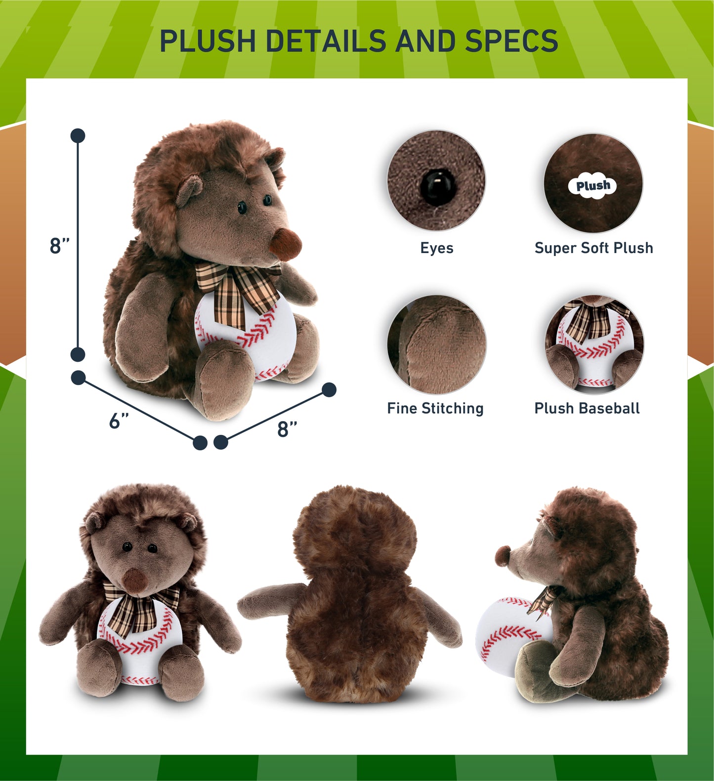 SUPER SOFT PLUSH - HEDGEHOG W/RIBBON WITH BASEBALL PLUSH