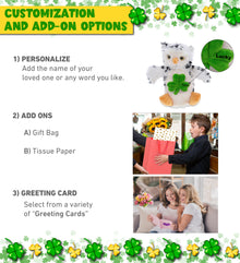 DolliBu White Owl Hand Puppet Stuffed Toy with Green Plush Shamrock, 9.5 Inches