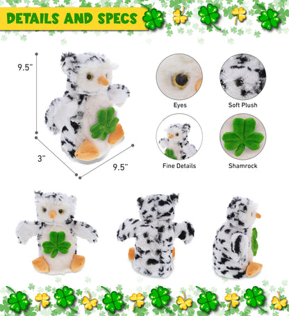DolliBu White Owl Hand Puppet Stuffed Toy with Green Plush Shamrock, 9.5 Inches