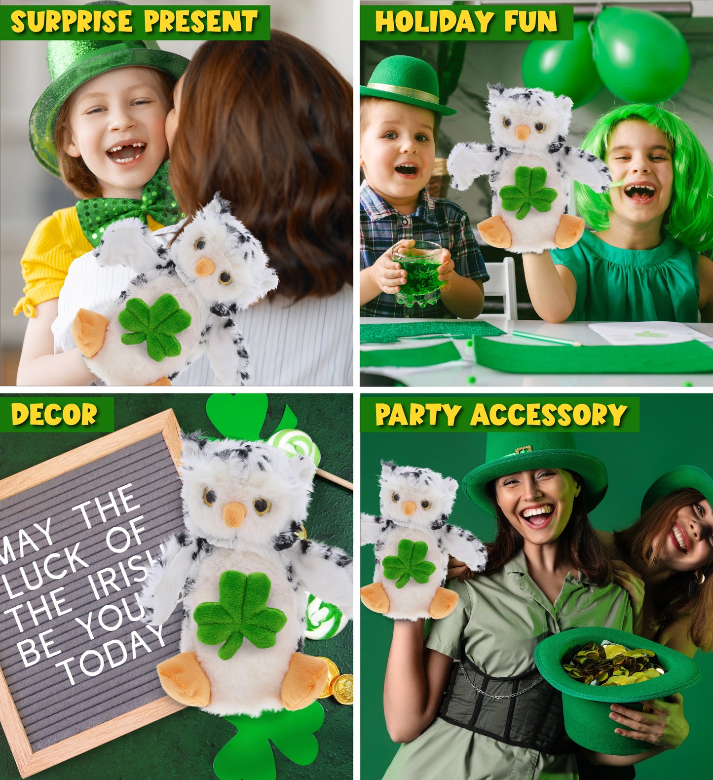 DolliBu White Owl Hand Puppet Stuffed Toy with Green Plush Shamrock, 9.5 Inches