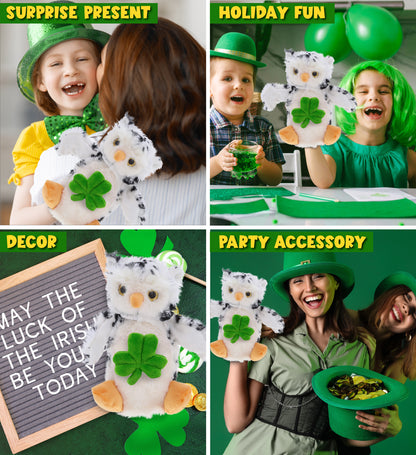 DolliBu White Owl Hand Puppet Stuffed Toy with Green Plush Shamrock, 9.5 Inches