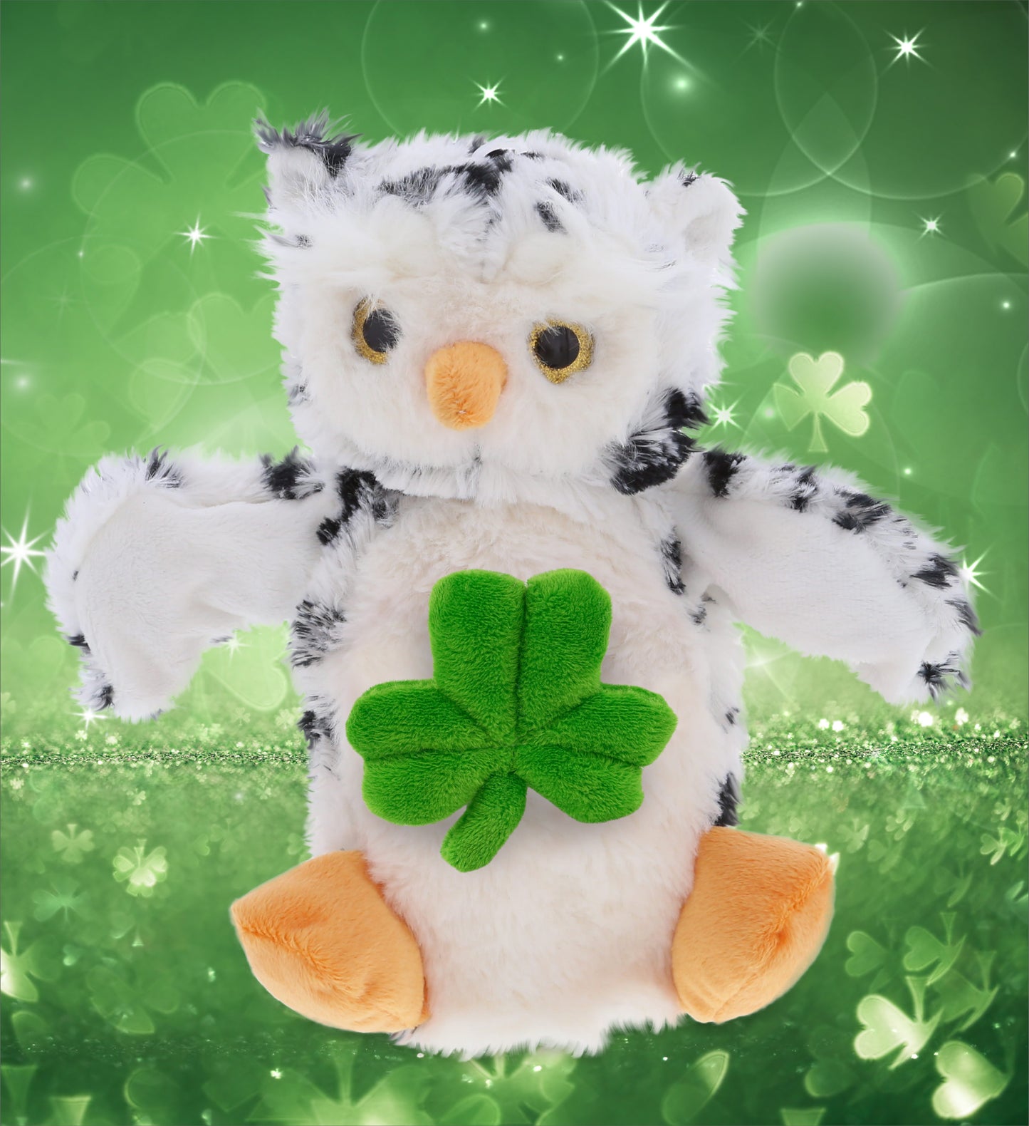 DolliBu White Owl Hand Puppet Stuffed Toy with Green Plush Shamrock, 9.5 Inches