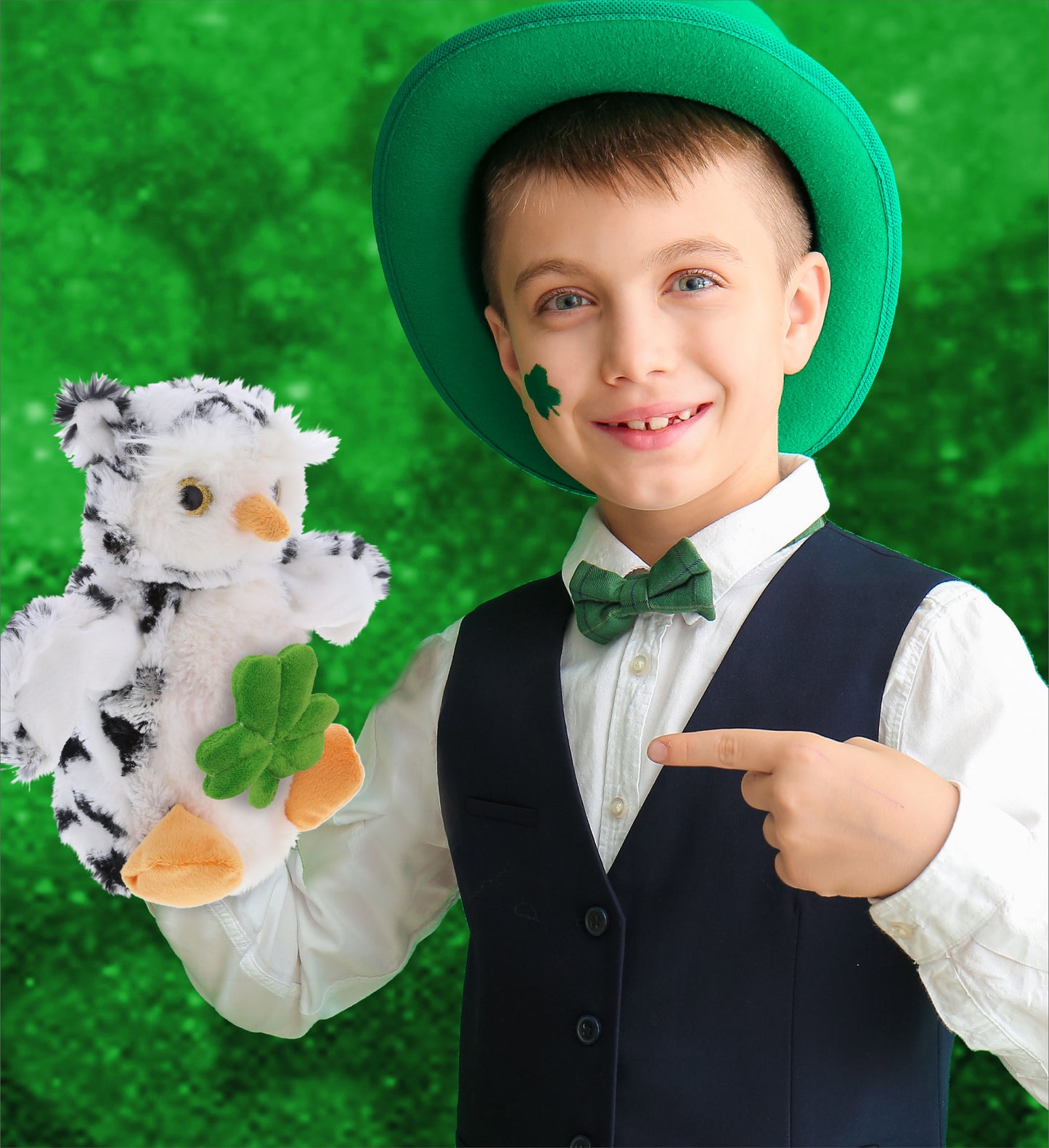 DolliBu White Owl Hand Puppet Stuffed Toy with Green Plush Shamrock, 9.5 Inches