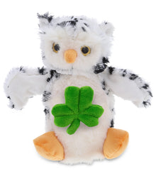 DolliBu White Owl Hand Puppet Stuffed Toy with Green Plush Shamrock, 9.5 Inches