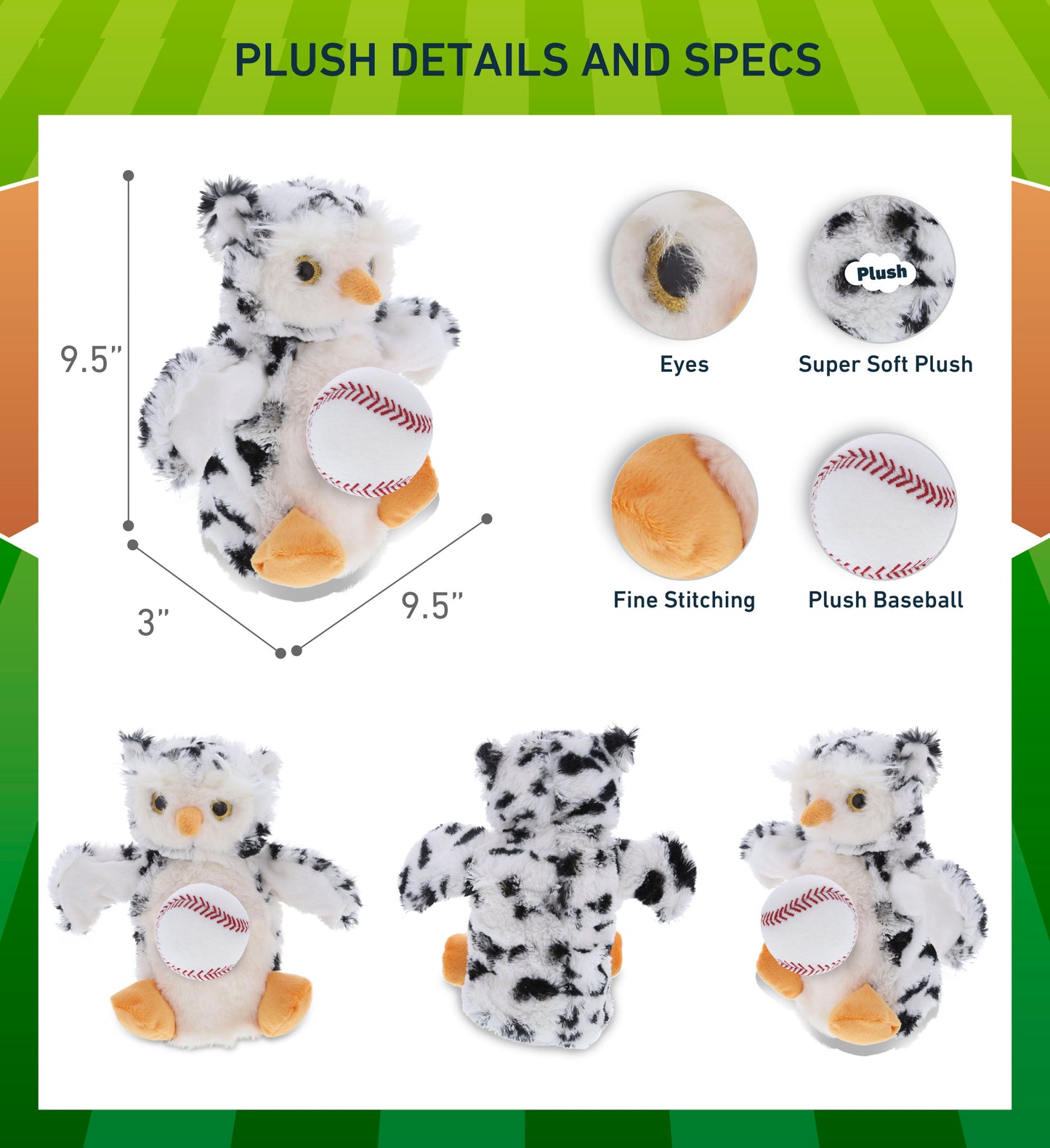 SUPER SOFT PLUSH HAND PUPPET - WHITE OWL WITH BASEBALL PLUSH