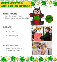 DolliBu Red Ladybug Hand Puppet Stuffed Animal with Green Plush Shamrock-8 Inch