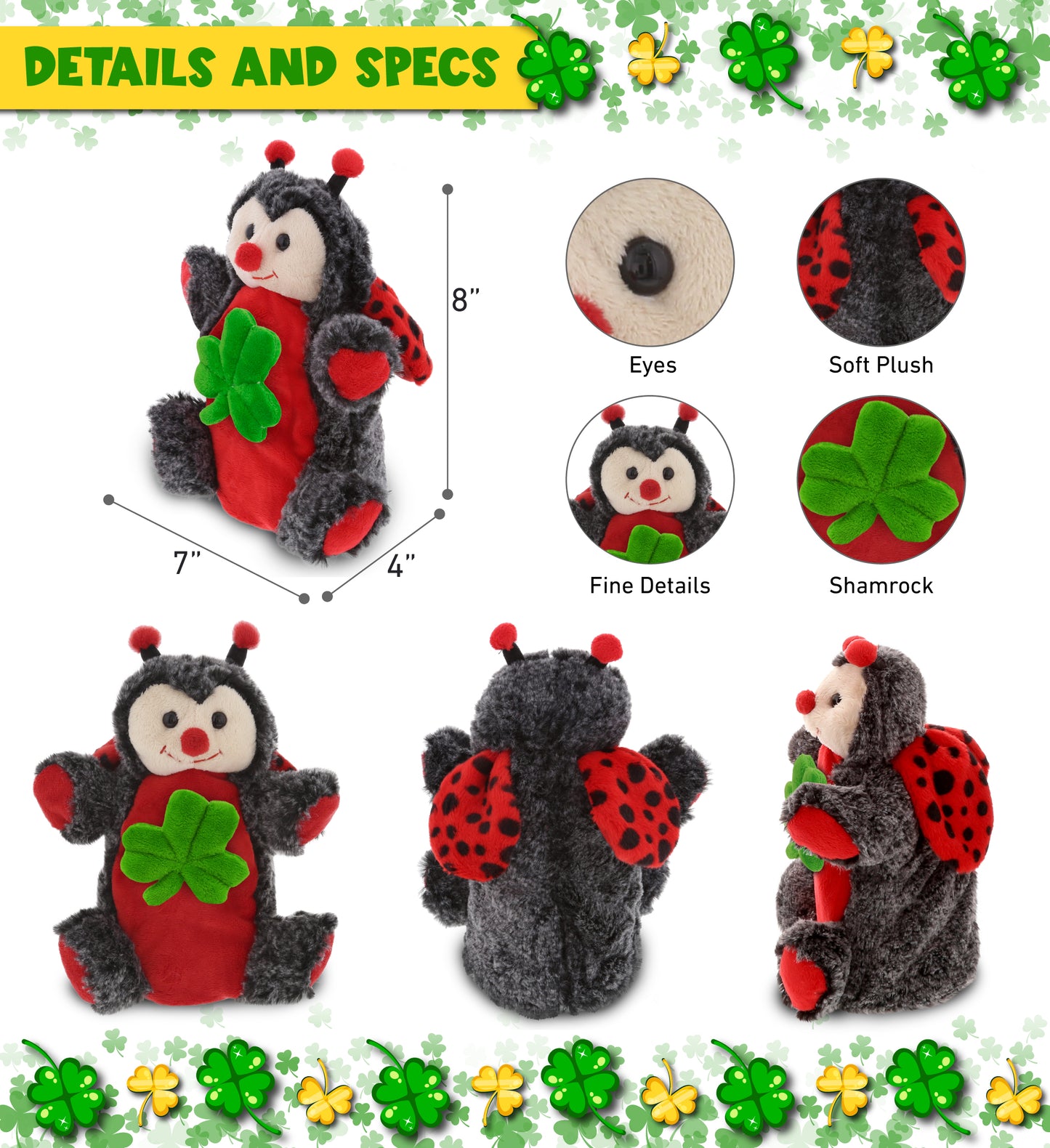 DolliBu Red Ladybug Hand Puppet Stuffed Animal with Green Plush Shamrock-8 Inch