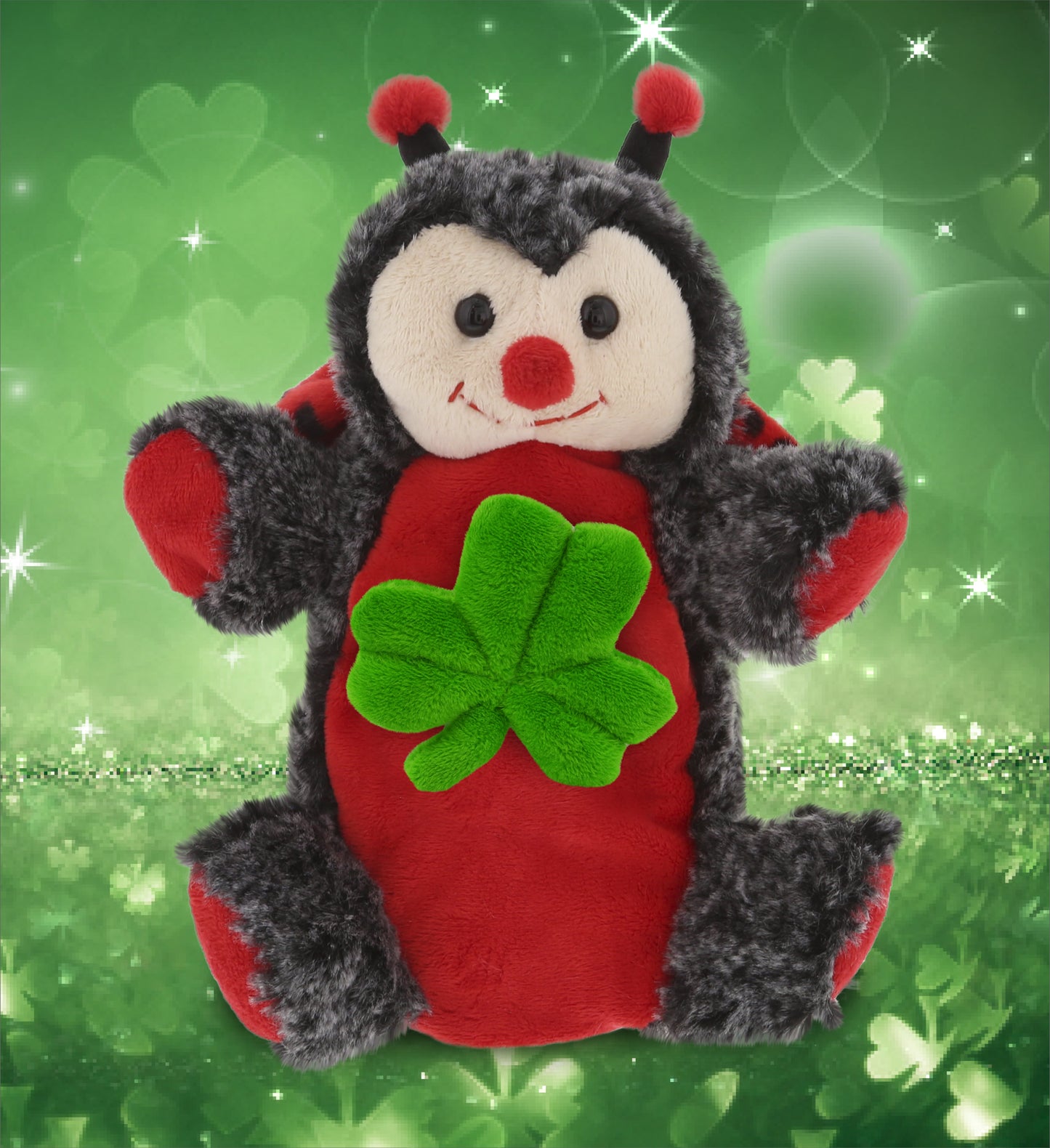 DolliBu Red Ladybug Hand Puppet Stuffed Animal with Green Plush Shamrock-8 Inch