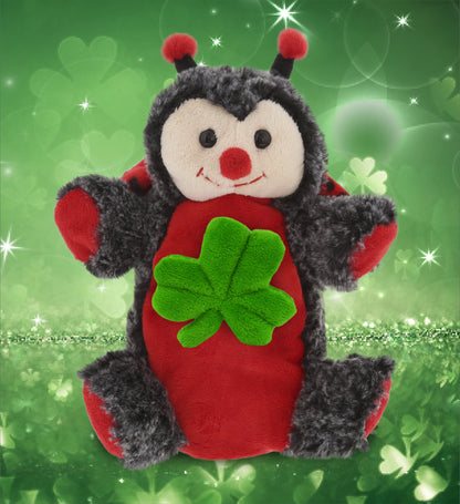 DolliBu Red Ladybug Hand Puppet Stuffed Animal with Green Plush Shamrock-8 Inch
