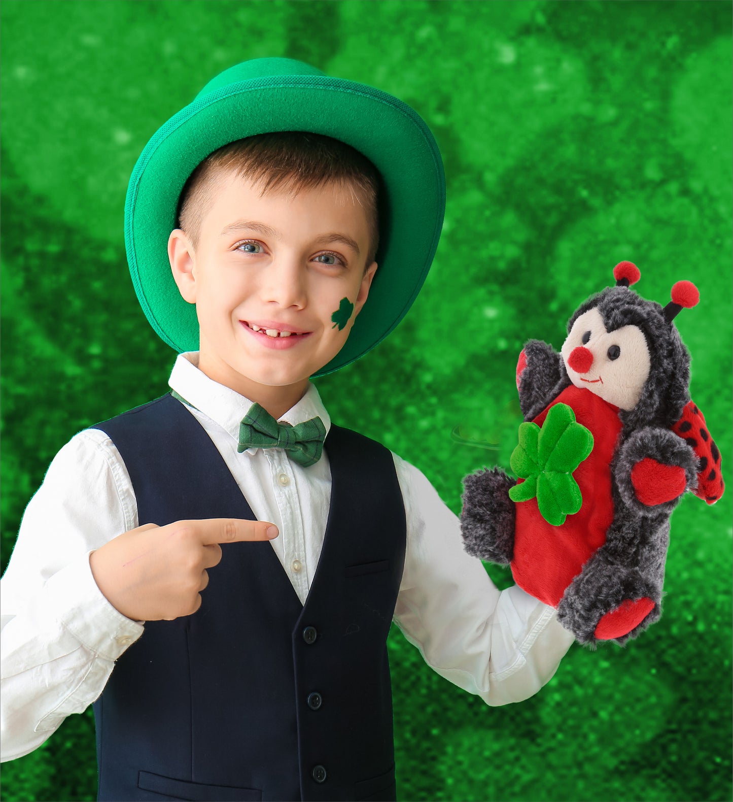DolliBu Red Ladybug Hand Puppet Stuffed Animal with Green Plush Shamrock-8 Inch
