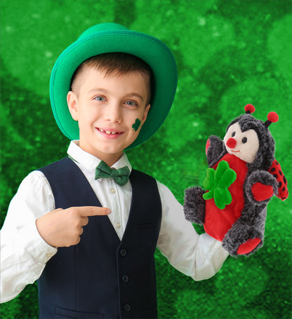 DolliBu Red Ladybug Hand Puppet Stuffed Animal with Green Plush Shamrock-8 Inch