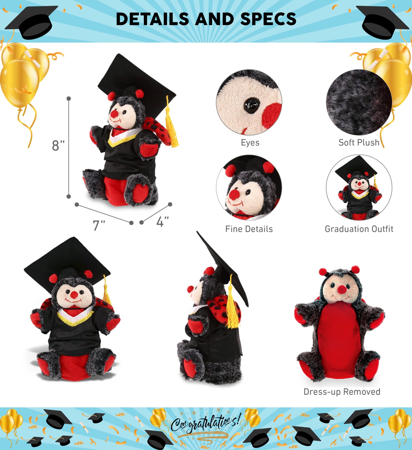DolliBu Ladybug Graduation Plush Animal Hand Puppet with Gown and Cap - 8 Inch