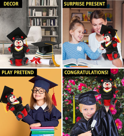 DolliBu Ladybug Graduation Plush Animal Hand Puppet with Gown and Cap - 8 Inch