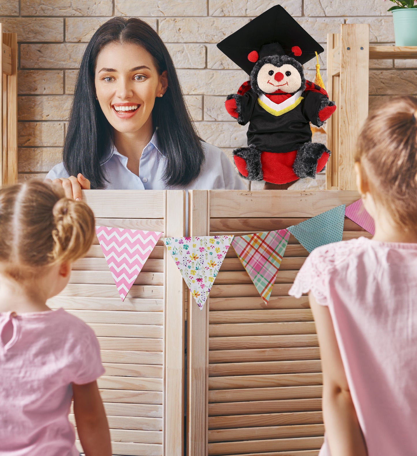 DolliBu Ladybug Graduation Plush Animal Hand Puppet with Gown and Cap - 8 Inch