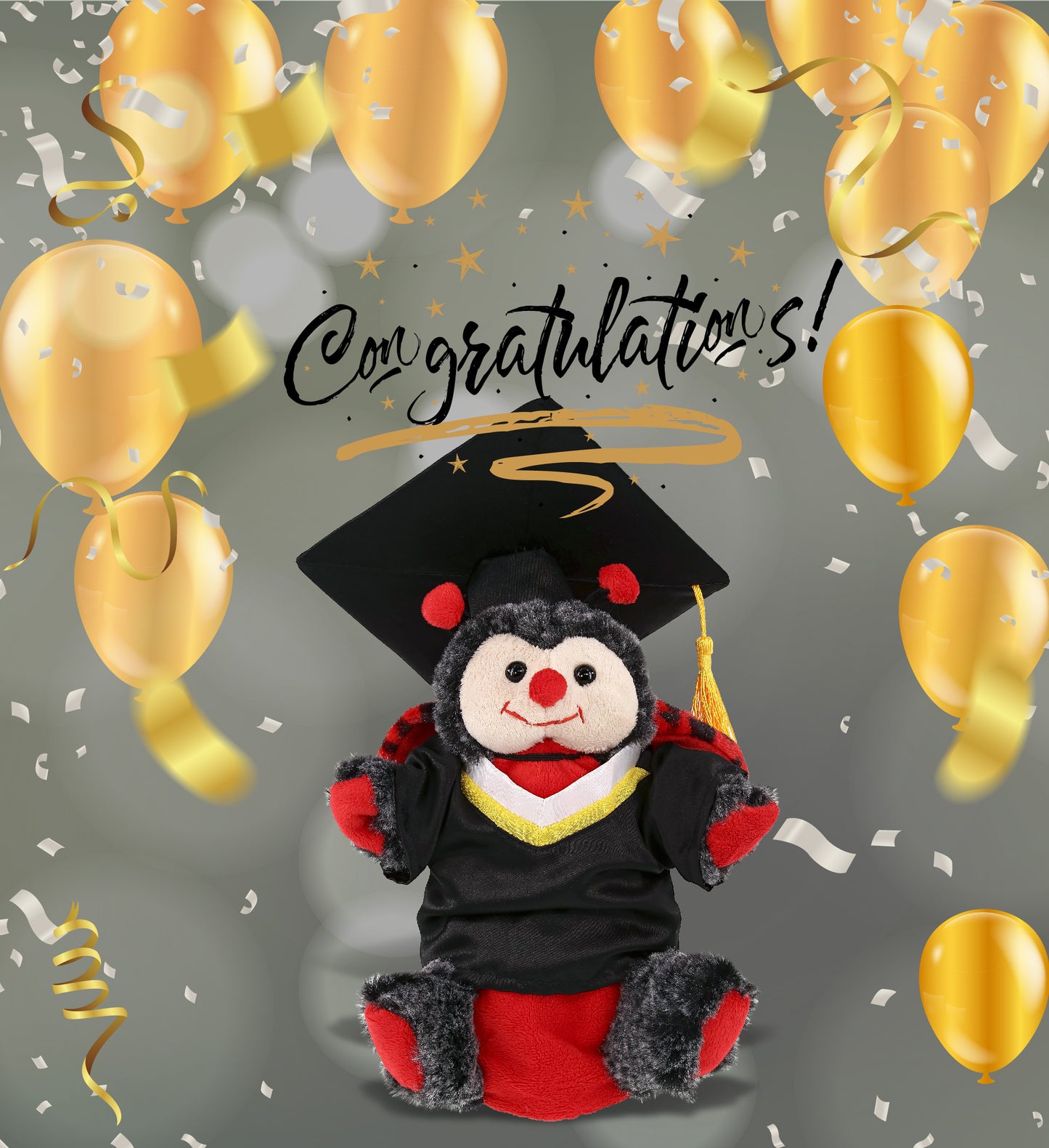 DolliBu Ladybug Graduation Plush Animal Hand Puppet with Gown and Cap - 8 Inch