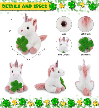 DolliBu Cute White Unicorn Stuffed Animal with Green Plush Shamrock - 9 Inches