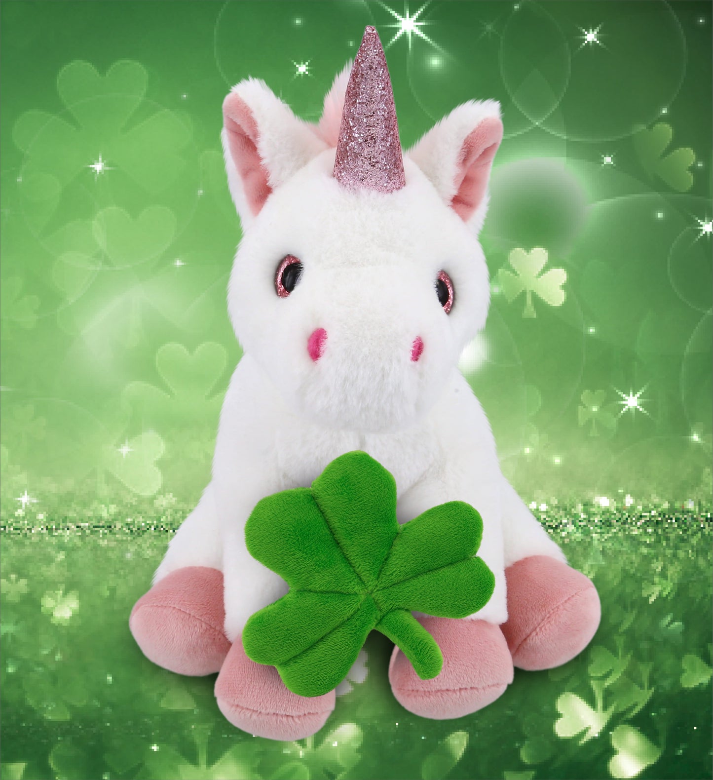 DolliBu Cute White Unicorn Stuffed Animal with Green Plush Shamrock - 9 Inches