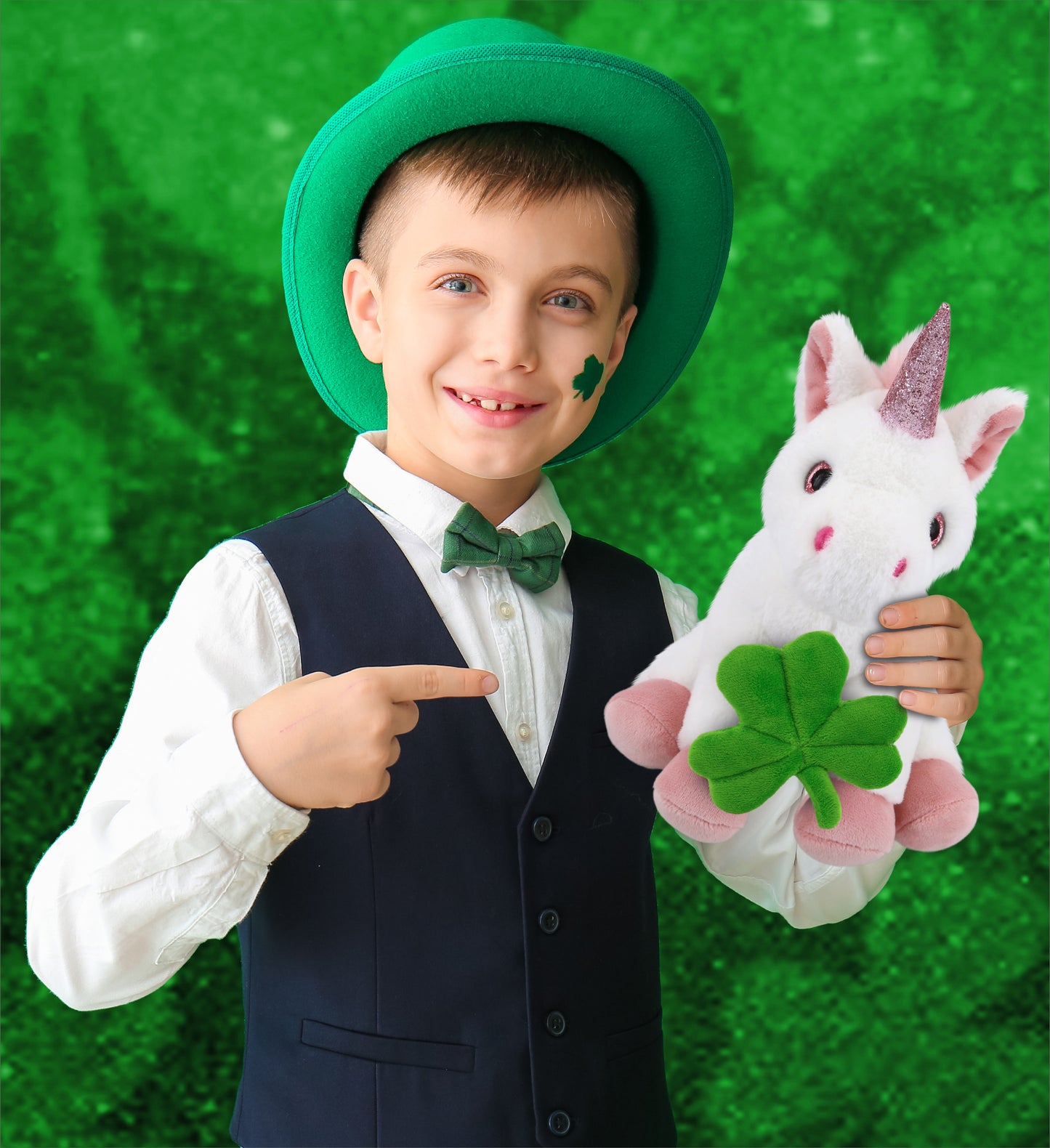 DolliBu Cute White Unicorn Stuffed Animal with Green Plush Shamrock - 9 Inches