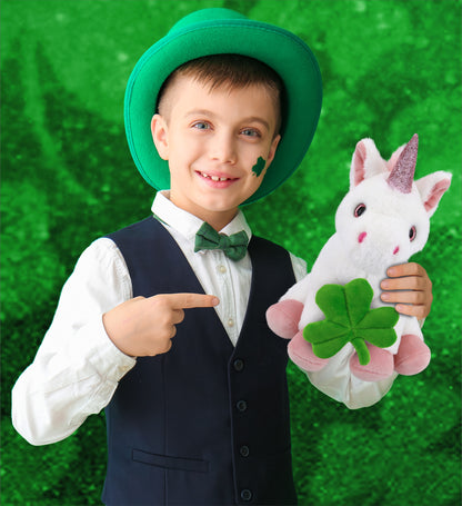 DolliBu Cute White Unicorn Stuffed Animal with Green Plush Shamrock - 9 Inches