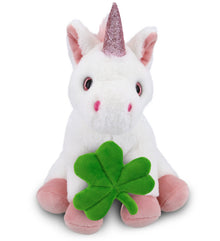 DolliBu Cute White Unicorn Stuffed Animal with Green Plush Shamrock - 9 Inches