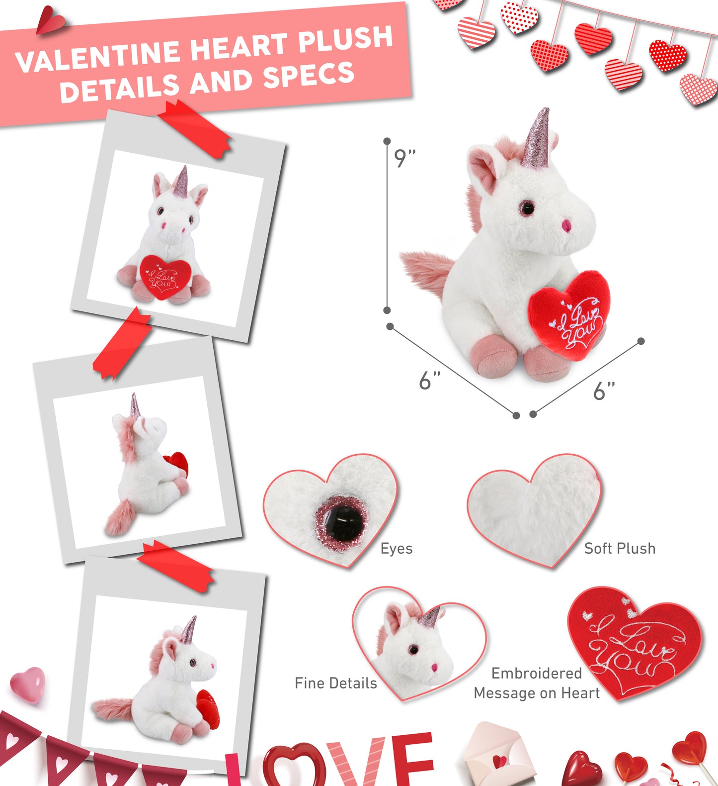 PLUSH I LOVE YOU RED HEART - SUPER-SOFT PLUSH - WHITE UNICORN 9"
