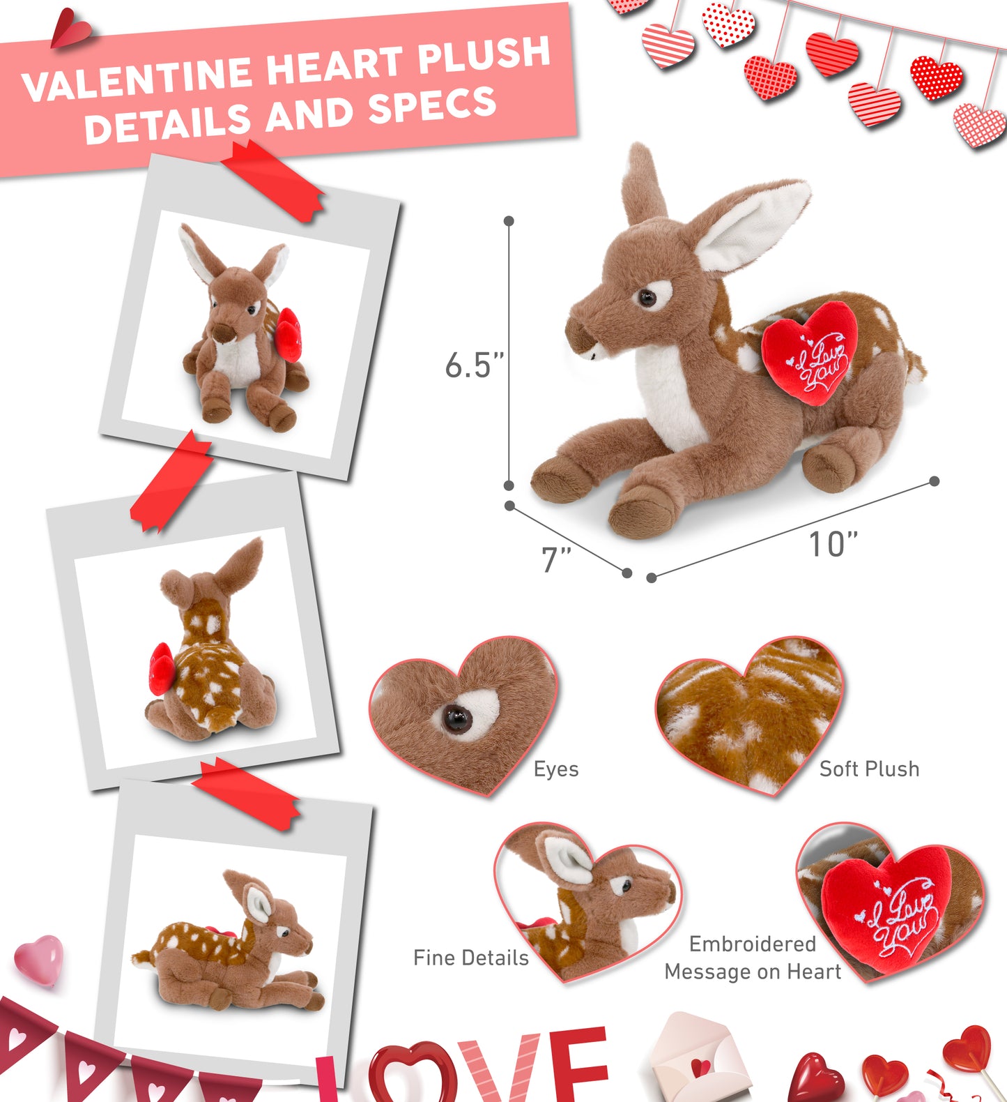 PLUSH I LOVE YOU RED HEART - SUPER-SOFT PLUSH - FAWN DEER 10"