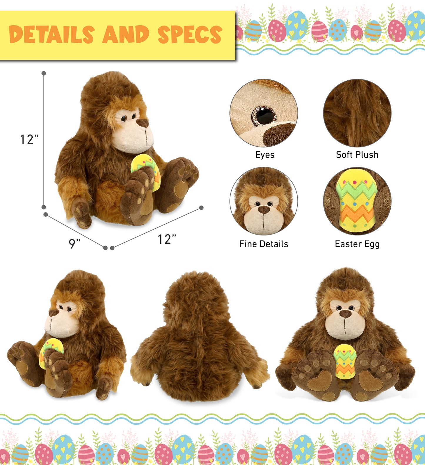 DolliBu Super Soft Cute Big Foot with Yellow Easter Egg Plush Toy - 12 Inches