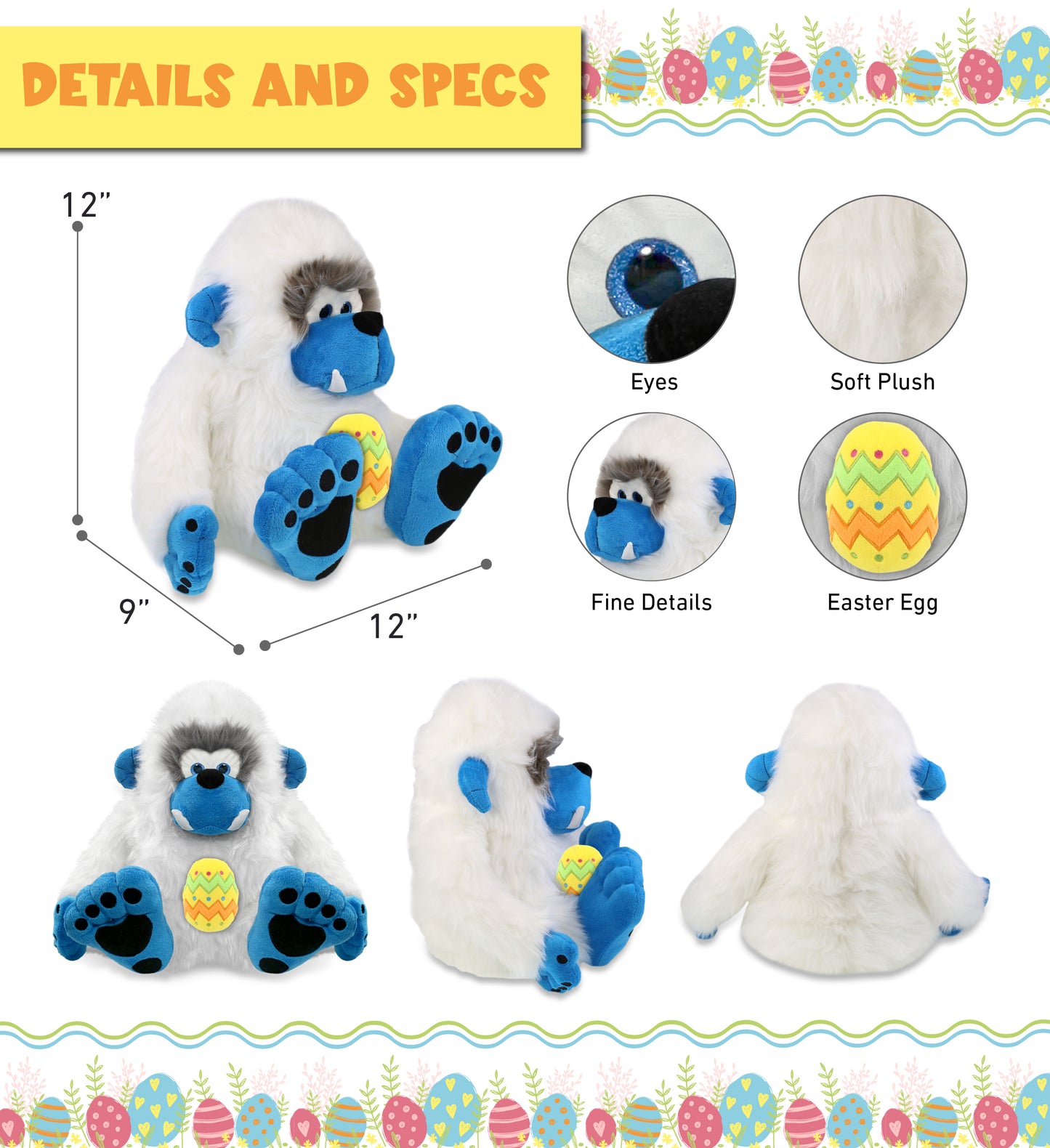 DolliBu Super Soft Cute Yeti with Yellow Easter Egg Plush Toy - 12 Inches
