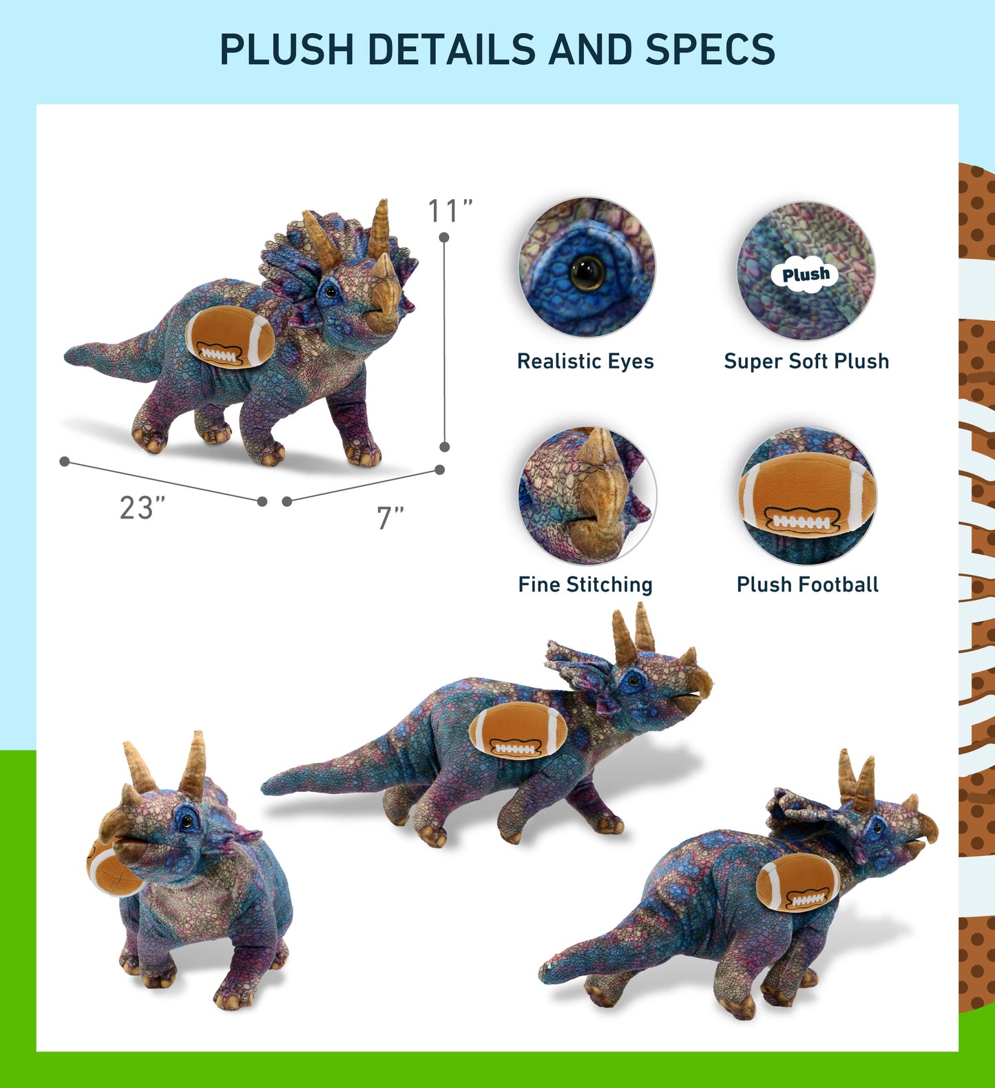 WILD COLLECTION PLUSH - TRICERATOPS DINOSAUR 23" WITH FOOTBALL PLUSH