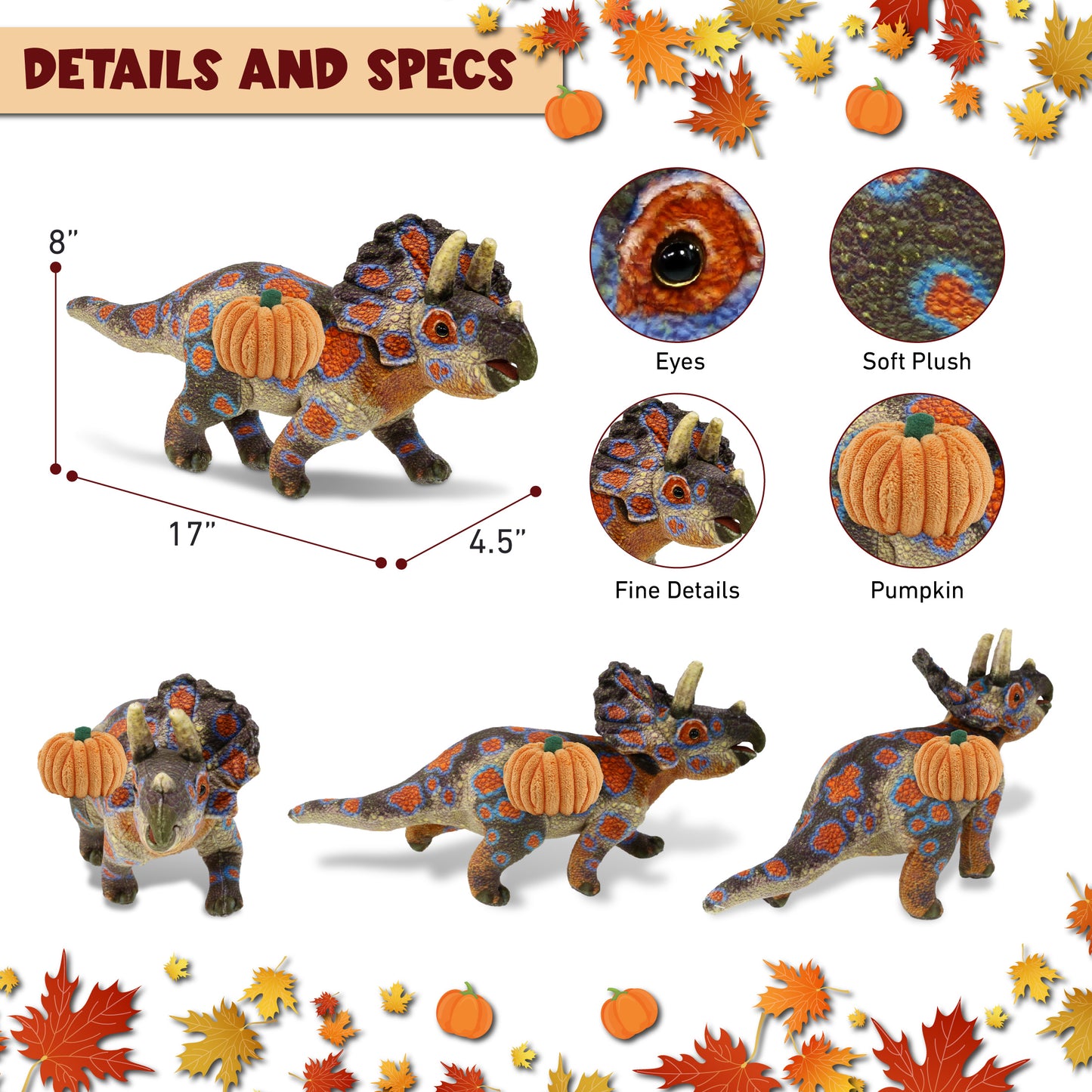 WILD COLLECTION PLUSH - TRICERATOPS DINOSAUR 17" WITH PUMPKIN PLUSH