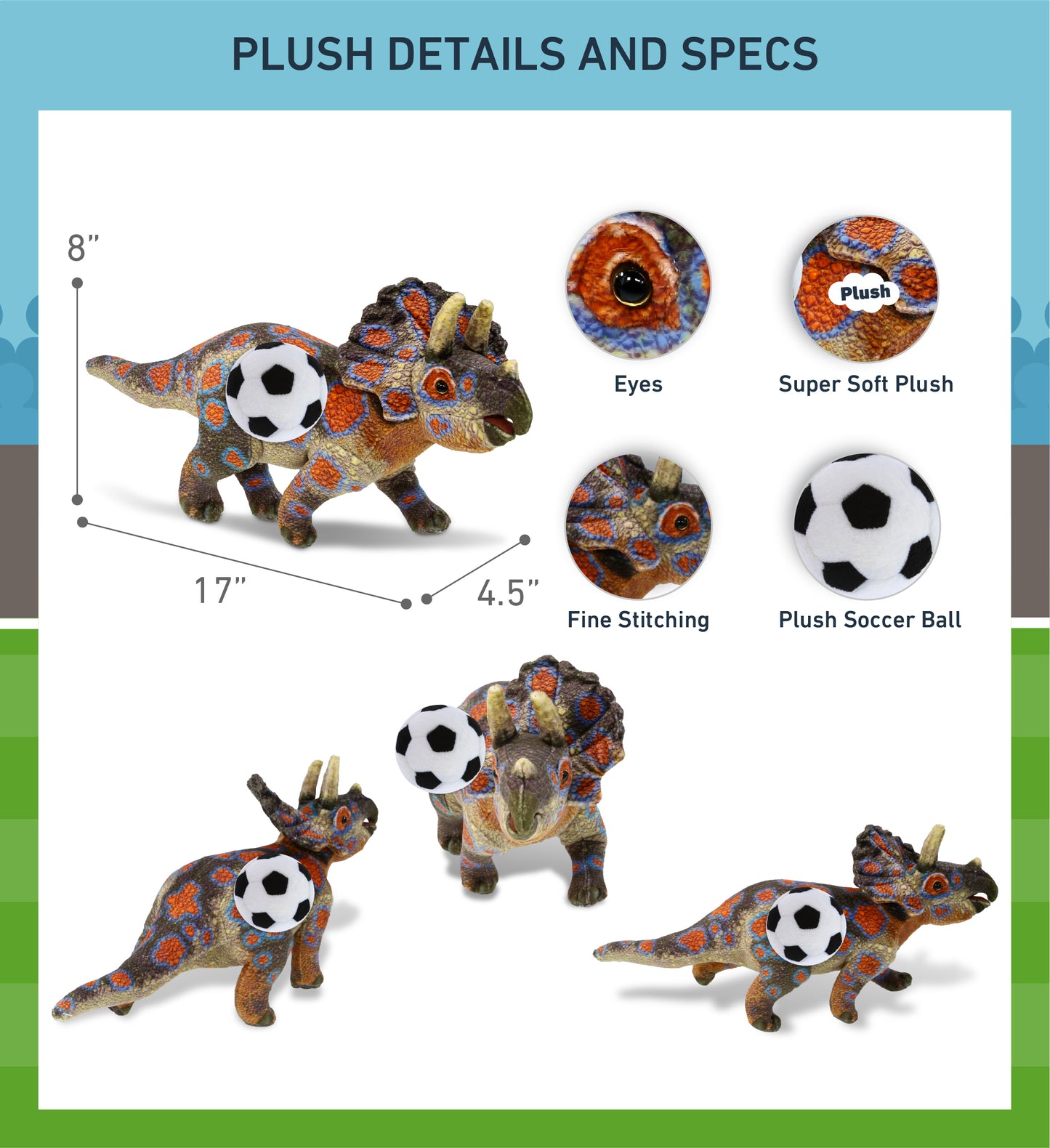 WILD COLLECTION PLUSH - TRICERATOPS DINOSAUR 17" WITH SOCCER PLUSH