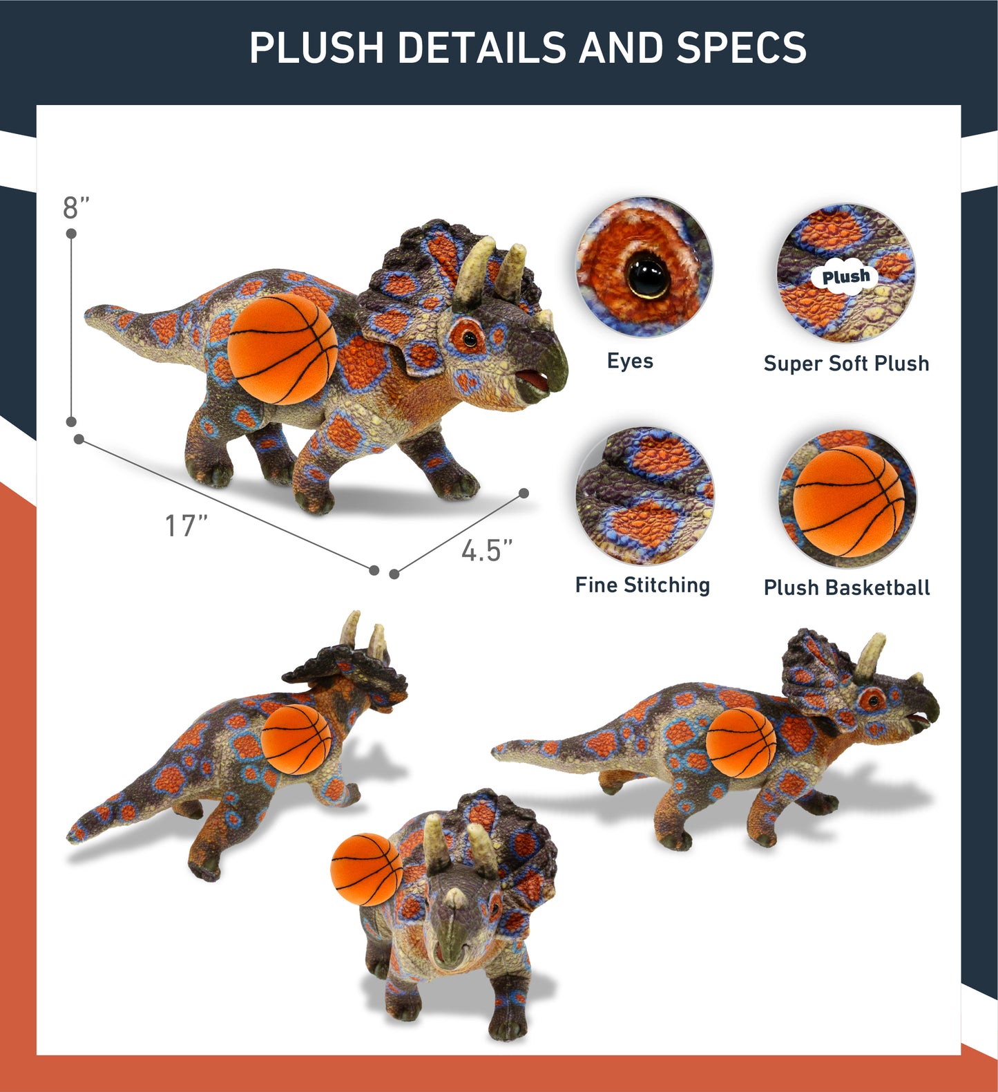 WILD COLLECTION PLUSH - TRICERATOPS DINOSAUR 17" WITH BASKETBALL PLUSH