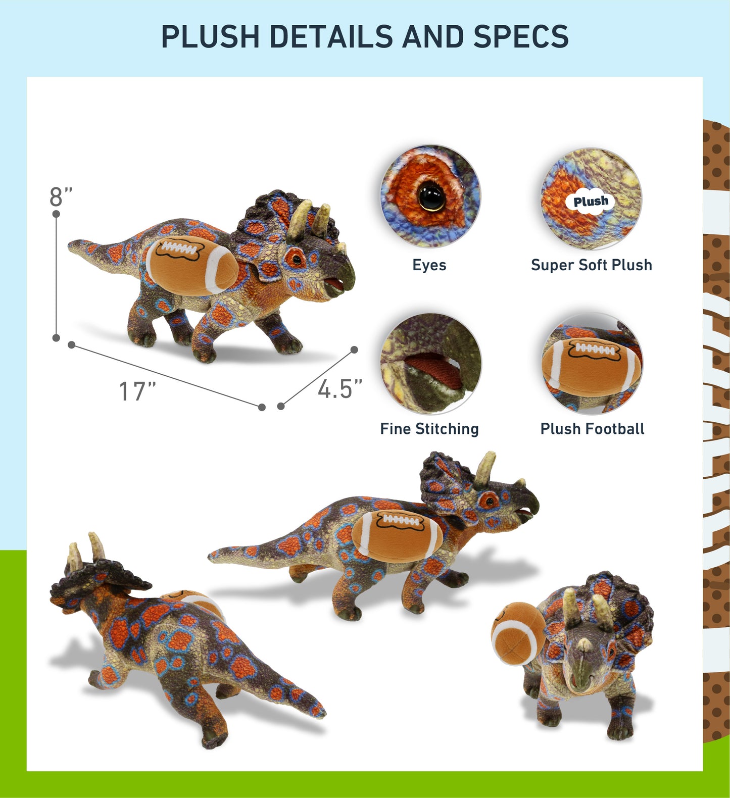 WILD COLLECTION PLUSH - TRICERATOPS DINOSAUR 17" WITH FOOTBALL PLUSH