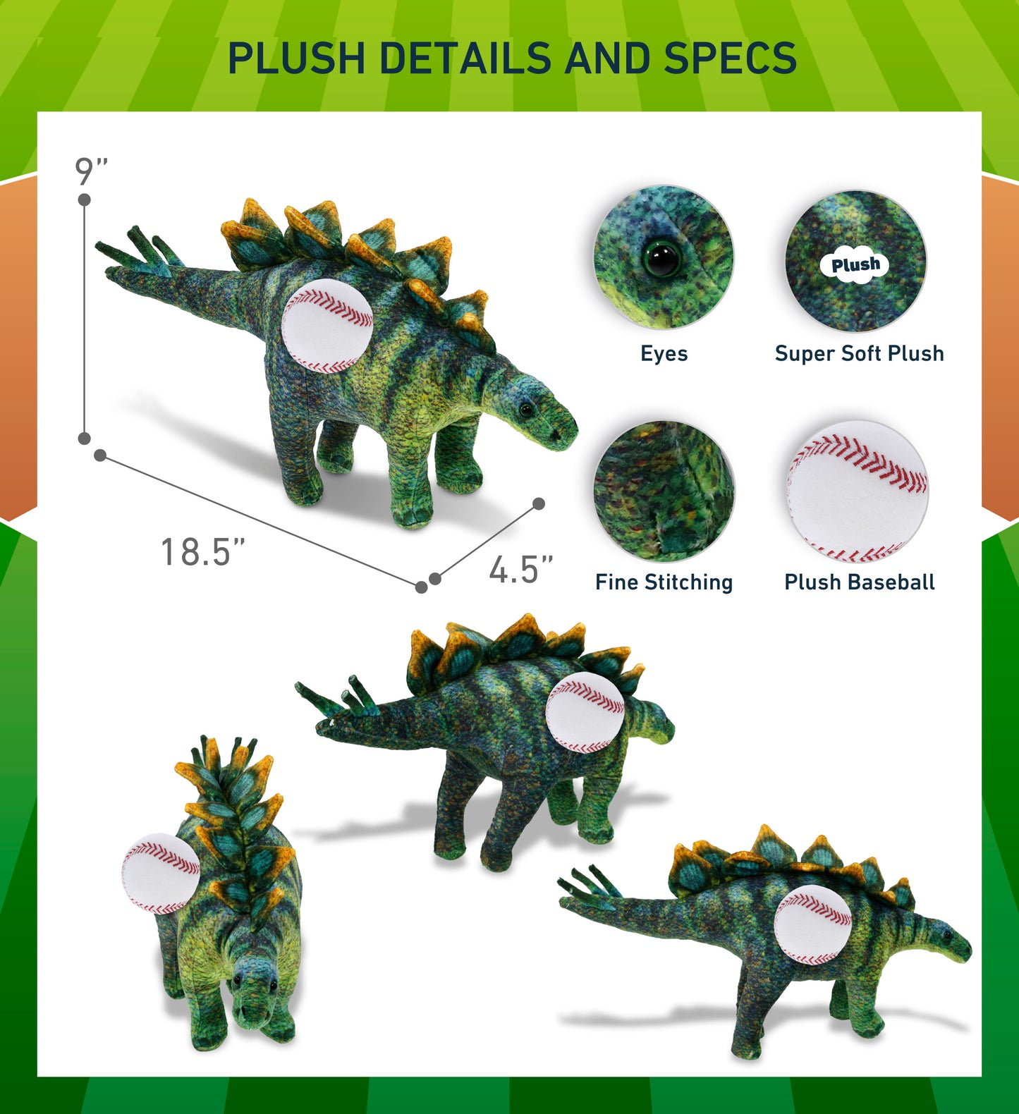 WILD COLLECTION PLUSH - STEGOSAURUS DINOSAUR 18.5" WITH BASEBALL PLUSH