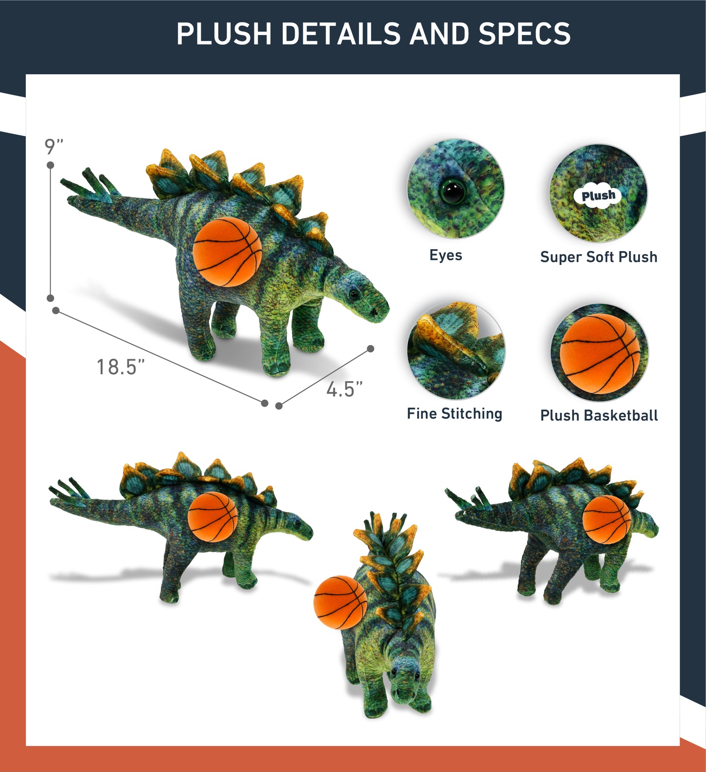WILD COLLECTION PLUSH - STEGOSAURUS DINOSAUR 18.5" WITH BASKETBALL PLUSH