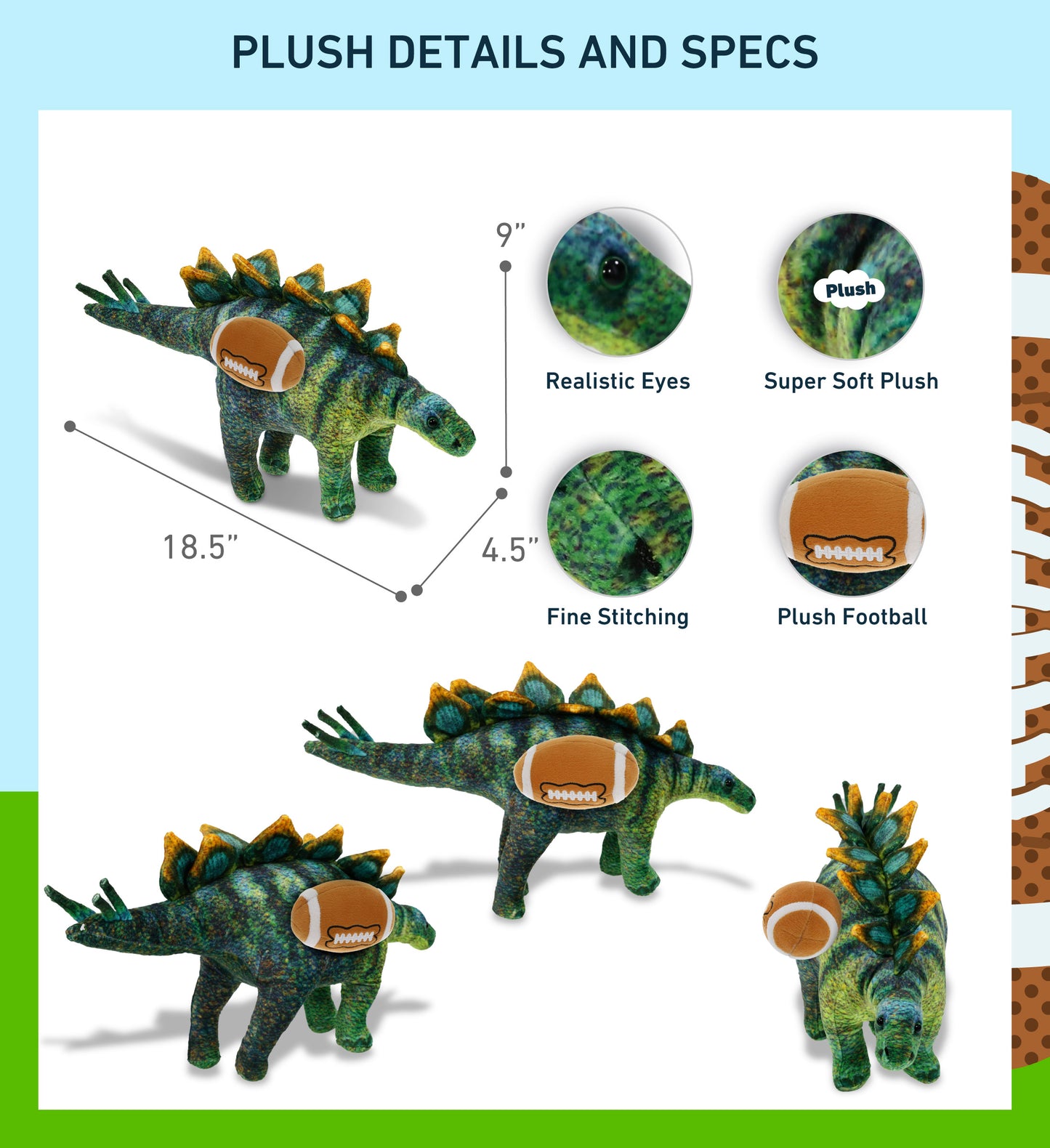 WILD COLLECTION PLUSH - STEGOSAURUS DINOSAUR 18.5" WITH FOOTBALL PLUSH
