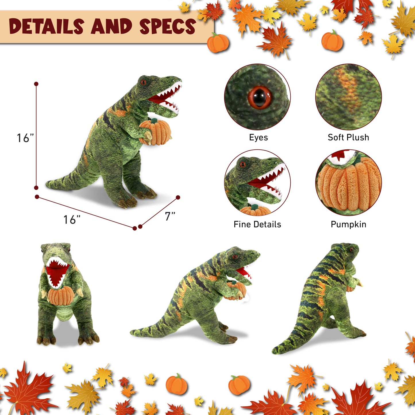 WILD COLLECTION PLUSH - TYRANNOSAURUS REX DINOSAUR 16" WITH PUMPKIN PLUSH