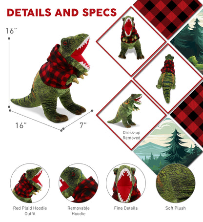 WILD COLLECTION PLUSH - TYRANNOSAURUS REX DINOSAUR 16" WITH RED PLAID HOODIE