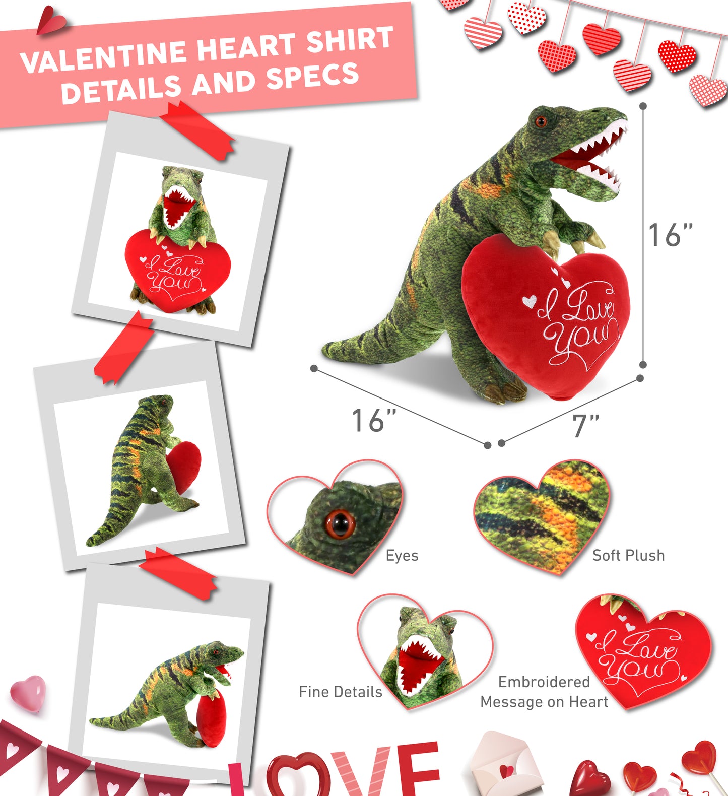 PLUSH PILLOW - I LOVE YOU RED HEART - 12 INCH - TYRANNOSAURUS REX DINOSAUR 16"