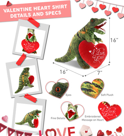 PLUSH PILLOW - I LOVE YOU RED HEART - 12 INCH - TYRANNOSAURUS REX DINOSAUR 16"