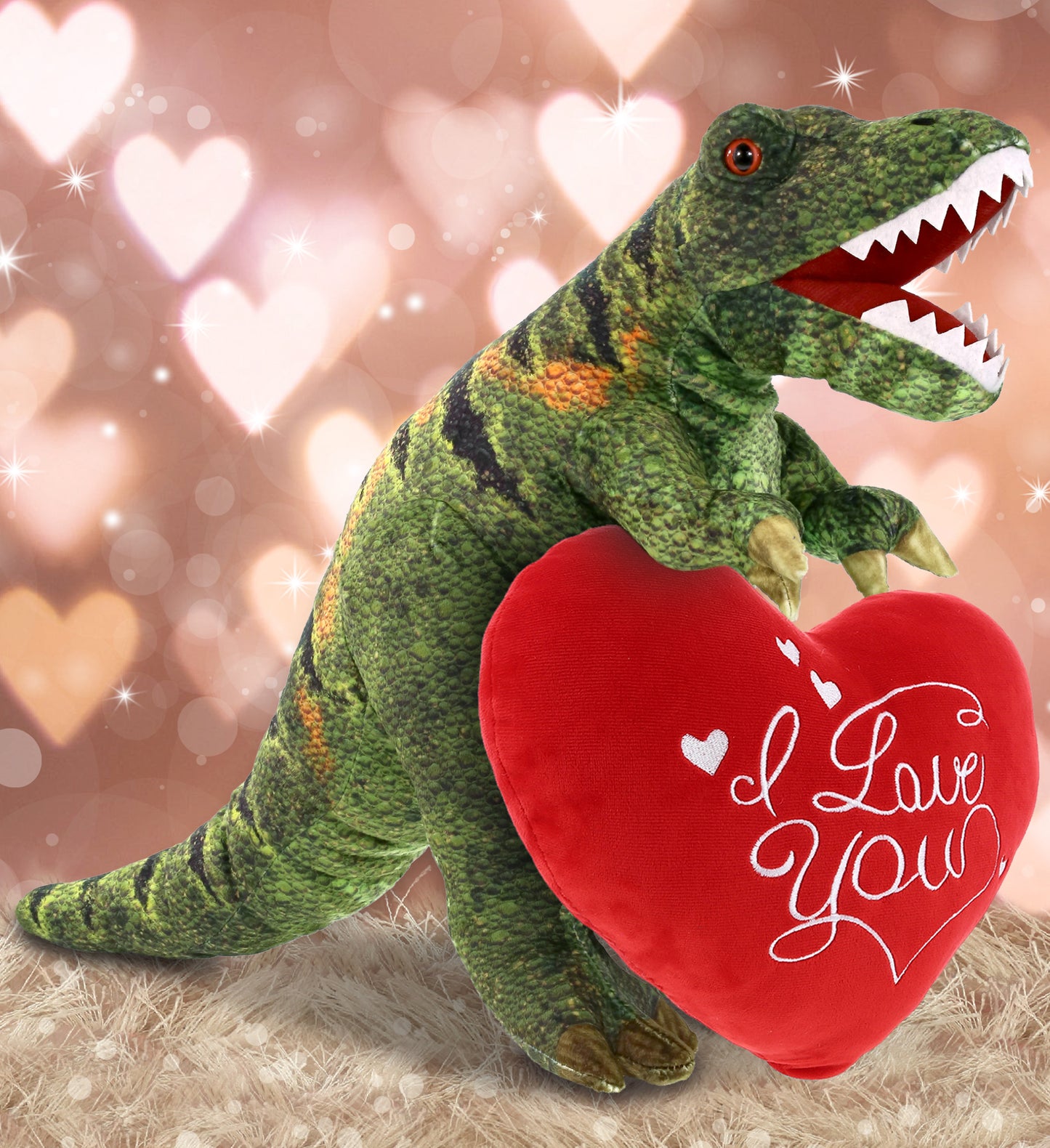 PLUSH PILLOW - I LOVE YOU RED HEART - 12 INCH - TYRANNOSAURUS REX DINOSAUR 16"