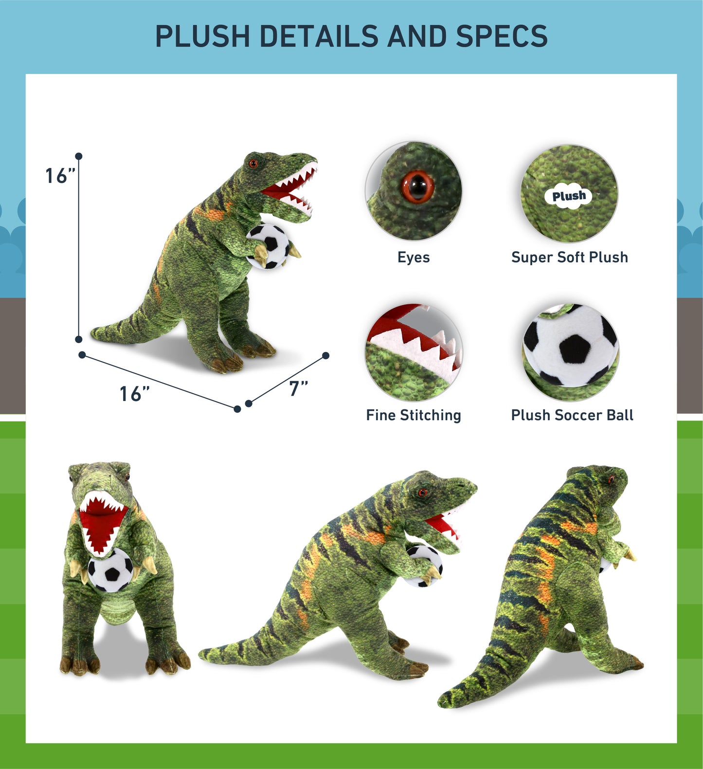 WILD COLLECTION PLUSH - TYRANNOSAURUS REX DINOSAUR 16" WITH SOCCER PLUSH