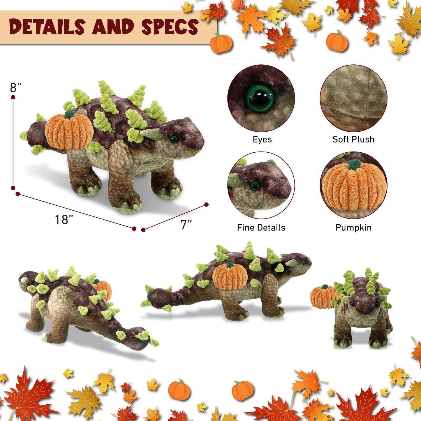 WILD COLLECTION PLUSH - ANKYLOSAURUS DINOSAUR 18" WITH PUMPKIN PLUSH