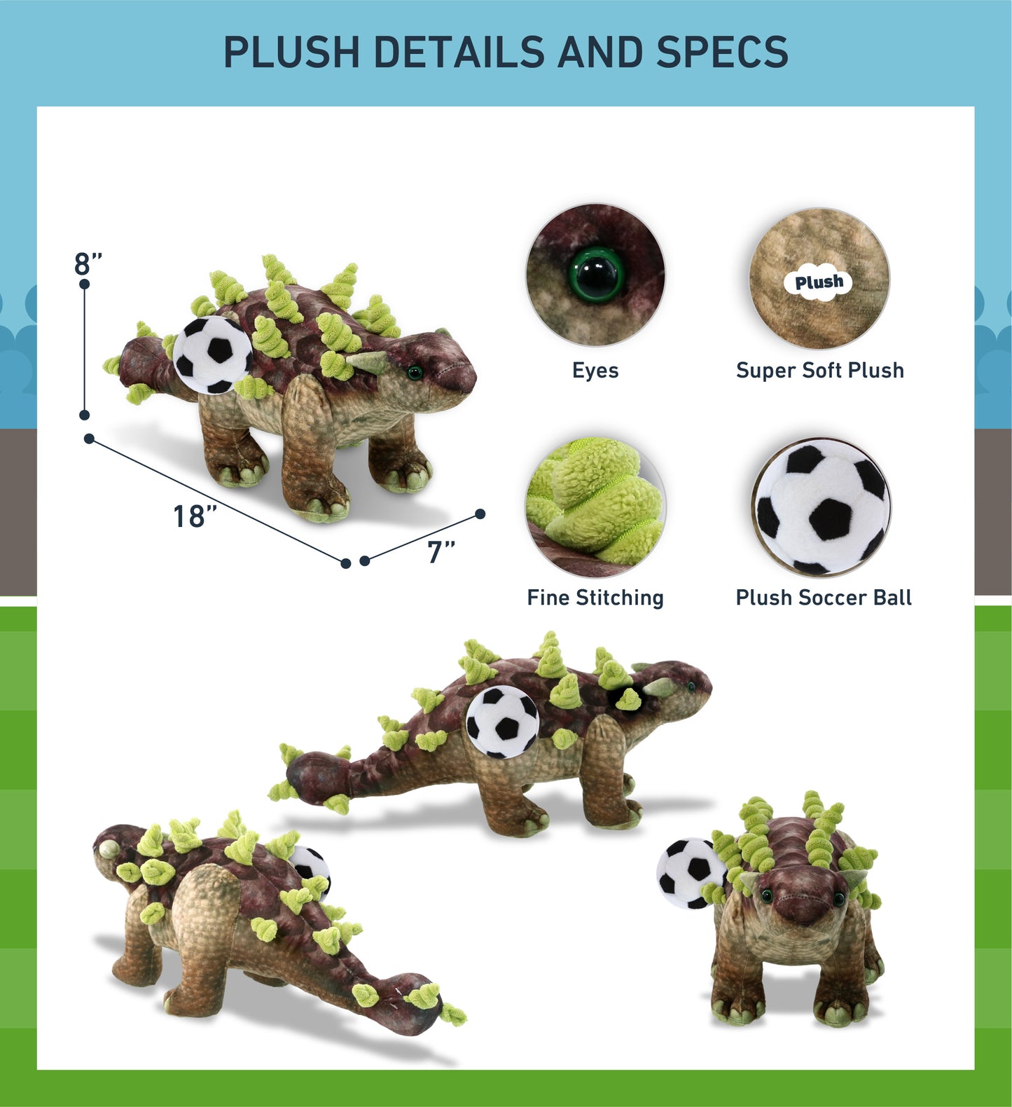 WILD COLLECTION PLUSH - ANKYLOSAURUS DINOSAUR 18" WITH SOCCER PLUSH