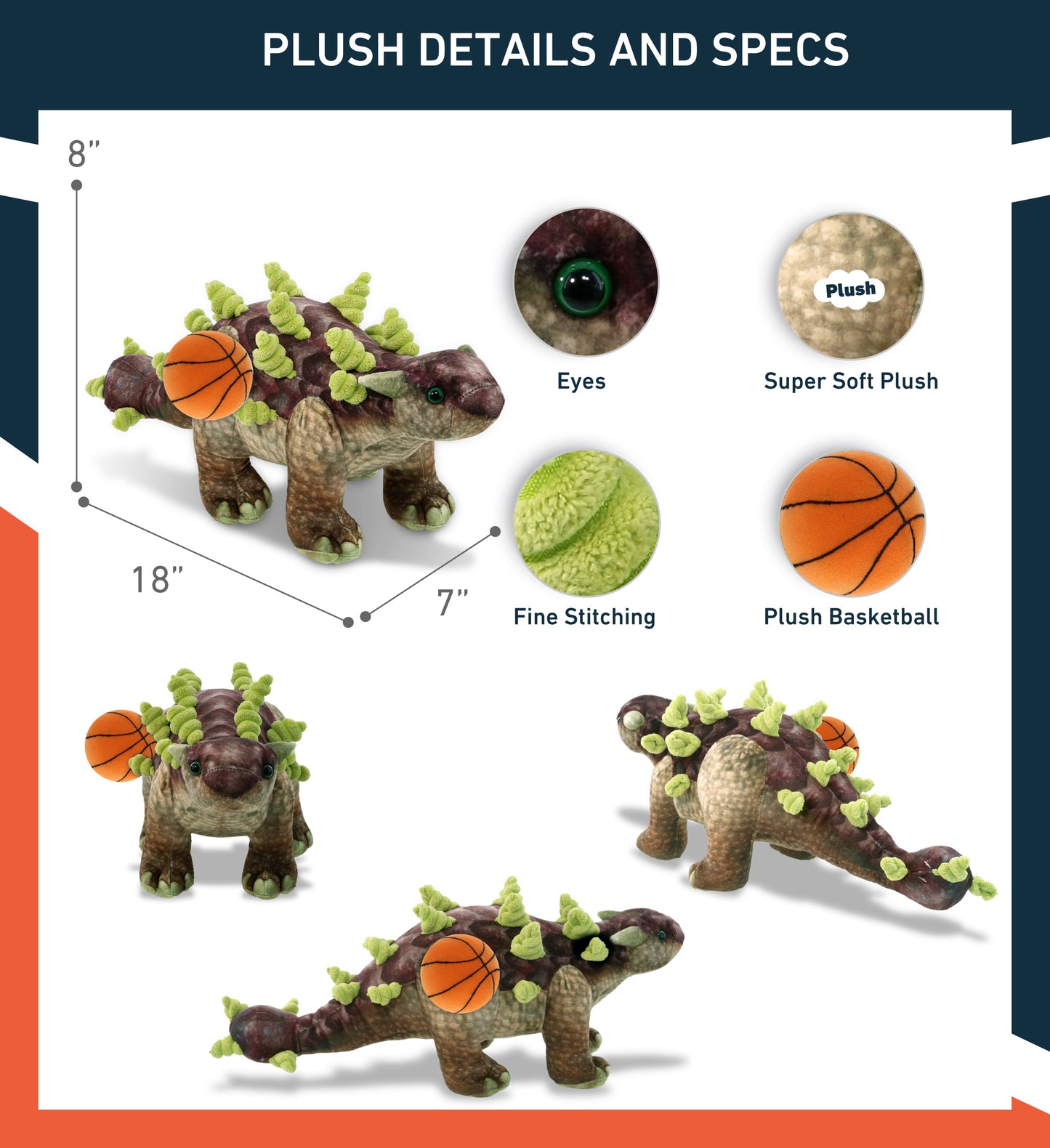 WILD COLLECTION PLUSH - ANKYLOSAURUS DINOSAUR 18" WITH BASKETBALL PLUSH
