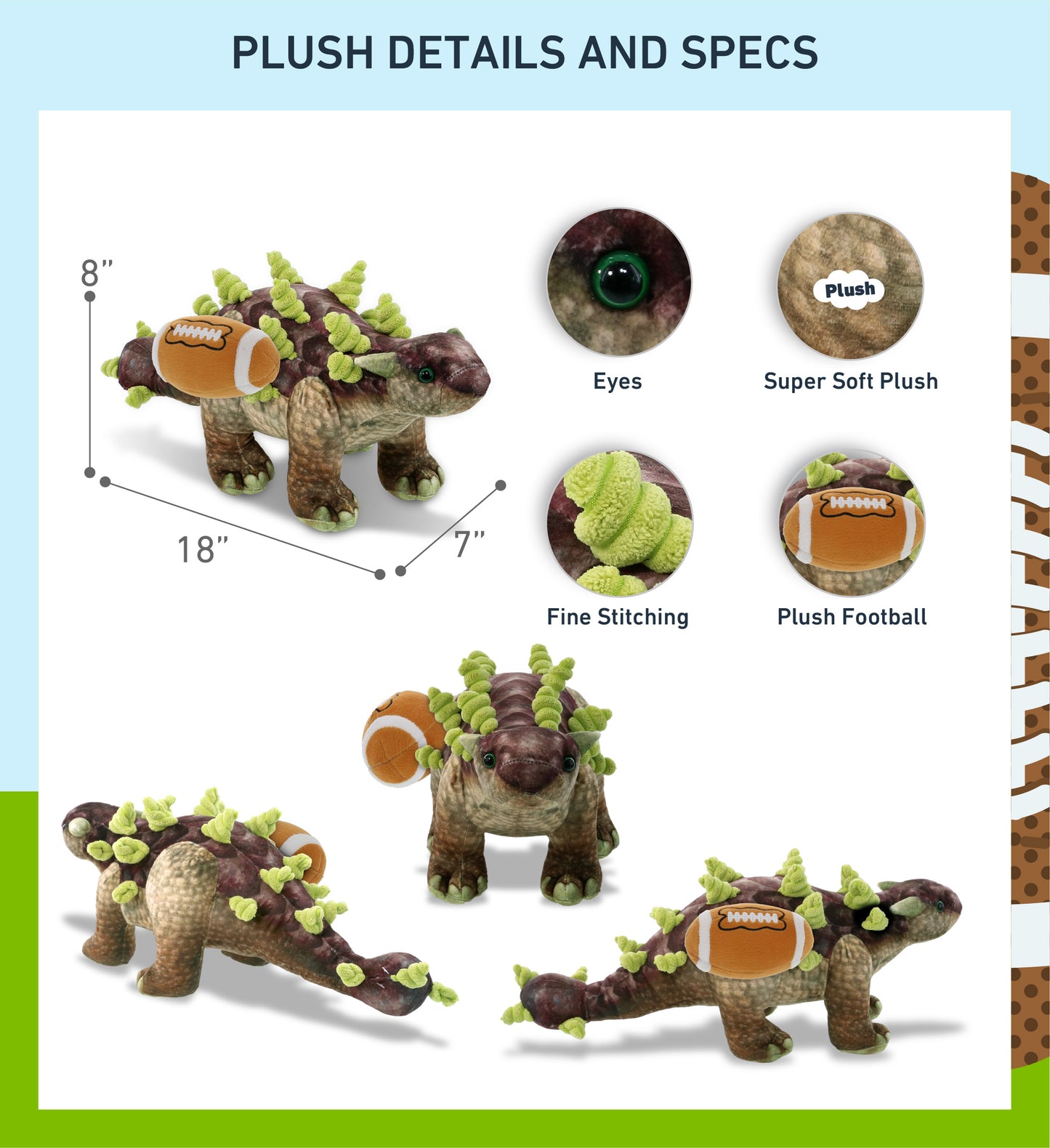 WILD COLLECTION PLUSH - ANKYLOSAURUS DINOSAUR 18" WITH FOOTBALL PLUSH